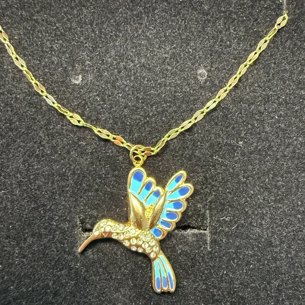 Gold Hummingbird Pendant Necklace with Blue Enamel & Rhinestones
